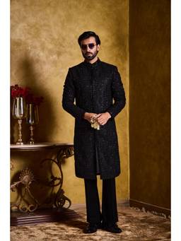 Nitika Gujral - Black Embroidered Sherwani Kurta with Pants and Jacket