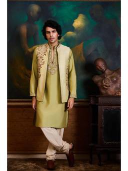 Nitika Gujral - Mint Green Raw Silk Kurta With Churidar and Jacket