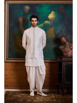 Nitika Gujral - White Bundi Kurta With Dhoti Pants and Jacket