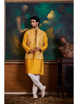 Nitika Gujral - Lemon Yellow Bundi Kurta With Churidar and Jacket