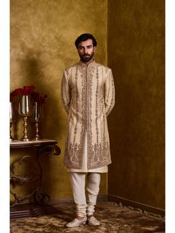 Nitika Gujral - Beige Monga Booti Sherwani Kurta with Churidar and Jacket