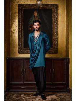 Nitika Gujral - Deep Peacock Blue Draped Kurta with Salwar