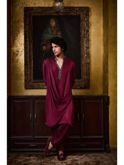 Nitika Gujral - Burgundy Draped Satin Kurta with Salwar