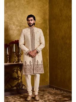 Nitika Gujral - Beige Woven Monga Booti Sherwani with Churidar and Jacket