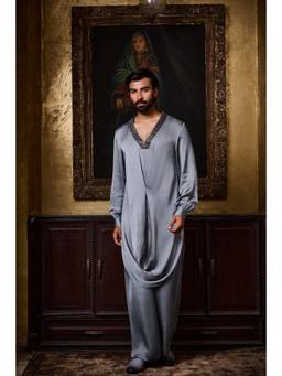 Nitika Gujral - Grey Draped Kurta Farshi with Pyjama