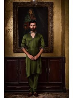 Nitika Gujral - Olive Green Draped Kurta with Churidar