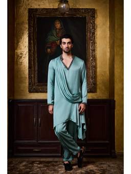 Nitika Gujral - Sea Green Satin Draped Kurta with Salwar