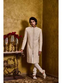 Nitika Gujral - Beige Sherwani Kurta with Churidar and Jacket