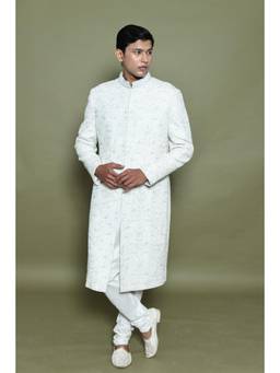 Nitika Gujral - White Raw Silk Sherwani with Kurta with Churidar and Jacket