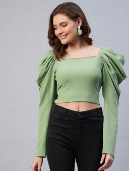 RARE - Women Casual Pista Green Colour Square Neck Solid Fitted Top