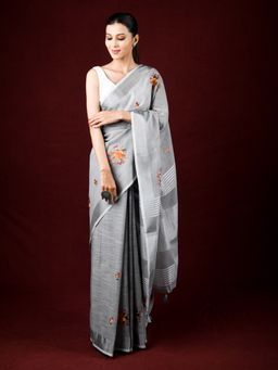 EXCLUSIVA - Grey Linen Saree Embroidery and Thread Work with Unstitched Blouse