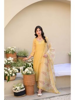 Mahee Jaipur - Canary Yellow Kurta Work Chanderi Kurta With Pant & Dupatta