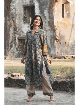 Mahee Jaipur - Blue And Yellow Mul Chanderi Block Printed Kurta With Pant