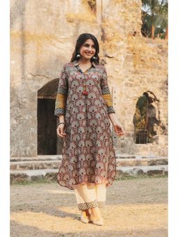 Mahee Jaipur - Brick Red Vayu Mul Chanderi Block Print Kurta With Pant