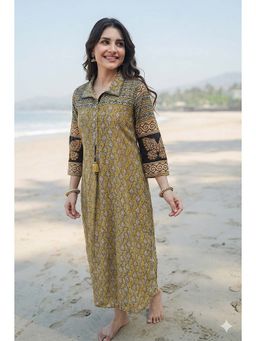 Mahee Jaipur - Yellow And Dark Blue Vayu Mul Chanderi Block Print Kurta With Pant