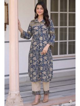Mahee Jaipur - Blue And Yellow Basant Mul Chanderi Block Print Kurta With Pant