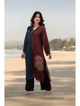 Mahee Jaipur - Blue And Red Lining Print Muslin Kurta With Pant