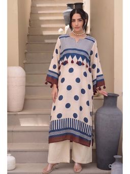 Mahee Jaipur - Beige And Indigo Polka Muslin Tassel Kurta With Pant