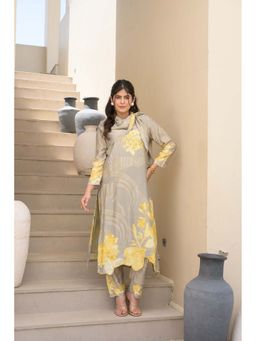 Mahee Jaipur - Grey And Yellow Cut Work Scalloped Muslin Kurta With Pant & Scarf