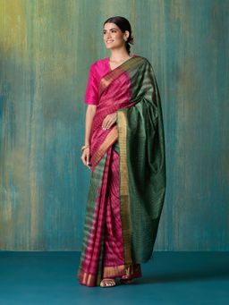 Likha - Pink Shibori Tie-Dye Zari Striper Saree with Unstitched Blouse LIKTDSAR01 (Free Size)