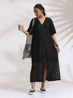 trueBrowns - Black Cotton Self Design Embroidered Slit Dress