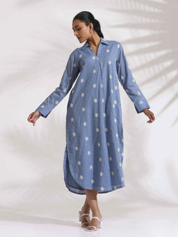 trueBrowns - Blue Cotton Floral Embroidered Midi Dress