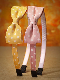 Stol'N - Bow Designed Polka Dot Printed Hair Bands - Yellow & Pink Set Of 2