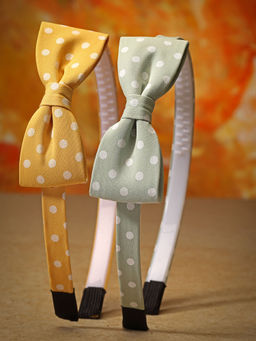 Stol'N - Bow Designed Polka Dot Printed Hair Bands - Yellow & Grey Set Of 2