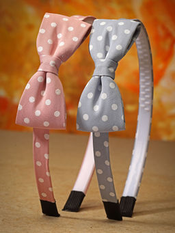 Stol'N - Bow Designed Polka Dot Printed Hair Bands - Pink & Grey Set Of 2