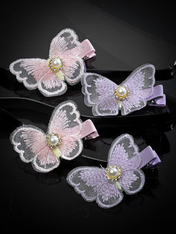 Stol'N - Butterfly Detailed with Stone Embellished Hair Clips - Pink & Purple Set Of 4