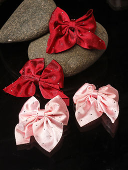 Stol'N - Bow Detailed with Stone Embellished Hair Clips - Pink & Red Set Of 4