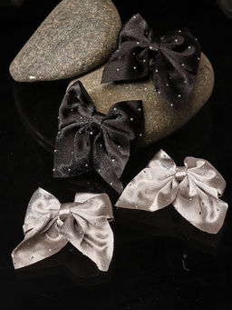 Stol'N - Bow Detailed with Stone Embellished Hair Clips - Grey & Black Set Of 4