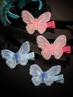 Stol'N - Butterfly Detailed Hair Clips - Pink & Sky Blue Set Of 4