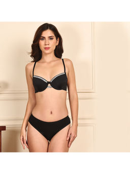 PrettyCat - Women Black Underwire Plunge Bra with Panty (Set of 2)