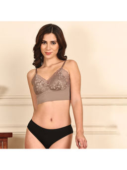 PrettyCat - Women Brown Lightly Padded Floral Lace Bralette Bra with Panty (Set of 2)