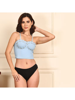 PrettyCat - Women Blue Lightly Padded Denim Bralette Crop Top with Panty (Set of 2)