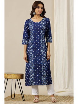 Aurelia - Estate Blue Schiffli Embroidered Breezy Rayon Straight Kurta