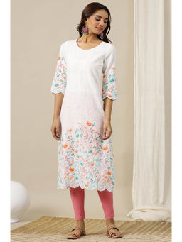 Aurelia - White Floral Printed Schiffli Straight Kurta