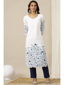 Aurelia - White Floral Printed Schiffli Straight Kurta