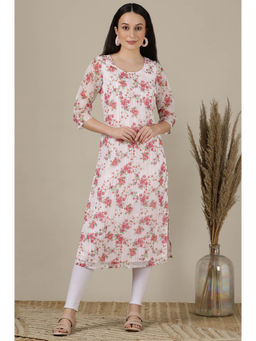 Aurelia - White and Pink Floral Printed Straight Kota Kurta
