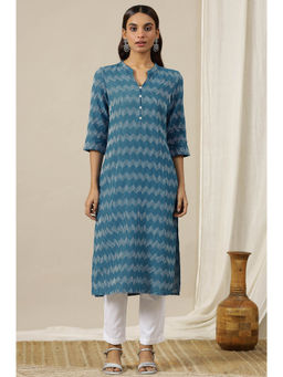 Aurelia - Blue Mandarin Collar Cotton Blend Straight Dobby Kurta