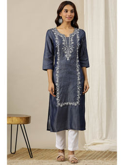 Aurelia - Denim Blue Pure Cotton Straight Kurta with Long Panel Dori Embroidery
