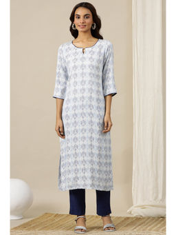 Aurelia - White Dobby Straight Kurta with Neck Metal Clasp