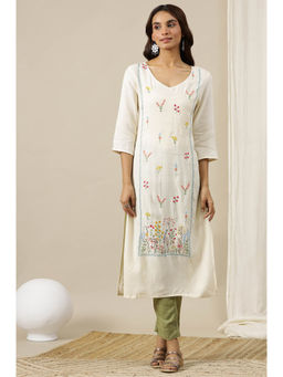 Aurelia - Cream Solid Embroidered Straight Kurta In V-Neck