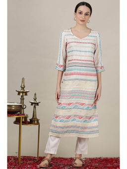 Aurelia - Off White Yarn Dyed V Neck Straight Kurta