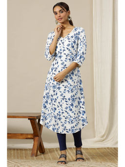 Aurelia - White Floral Printed Flared Kurta with Gold Piping