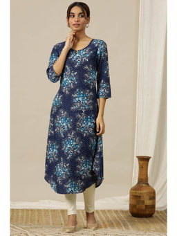 Aurelia - Blue Floral Printed Asymmetrical Kurta with Neck Metal Clasp