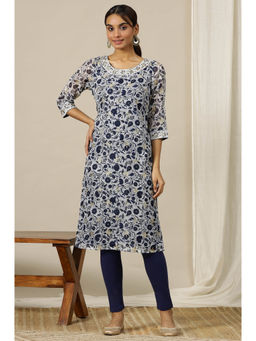 Aurelia - Light Blue Floral Printed Sheer Kota Straight Kurta
