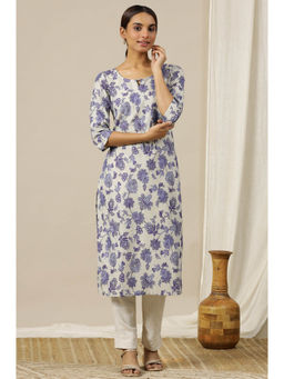 Aurelia - Light Beige Floral Printed Cotton Shimmer Straight Kurta
