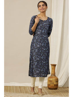 Aurelia - Blue Floral Printed Cotton Shimmer Straight Kurta
